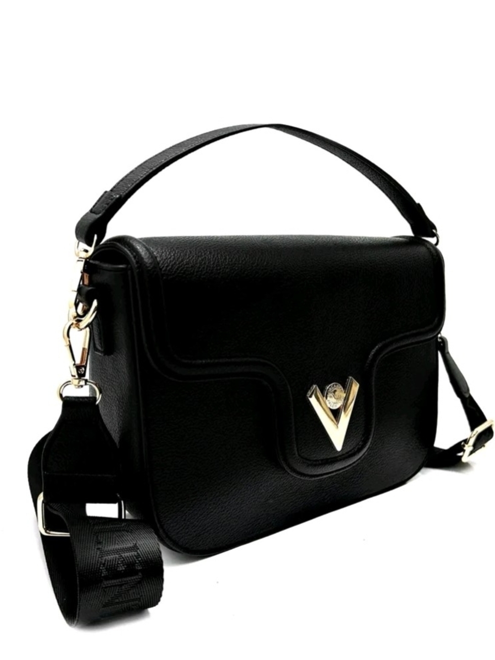Valentino Orlandi Black Leather Satchel Crossbody with Gold V Emblem NEW - Picture 3 of 5